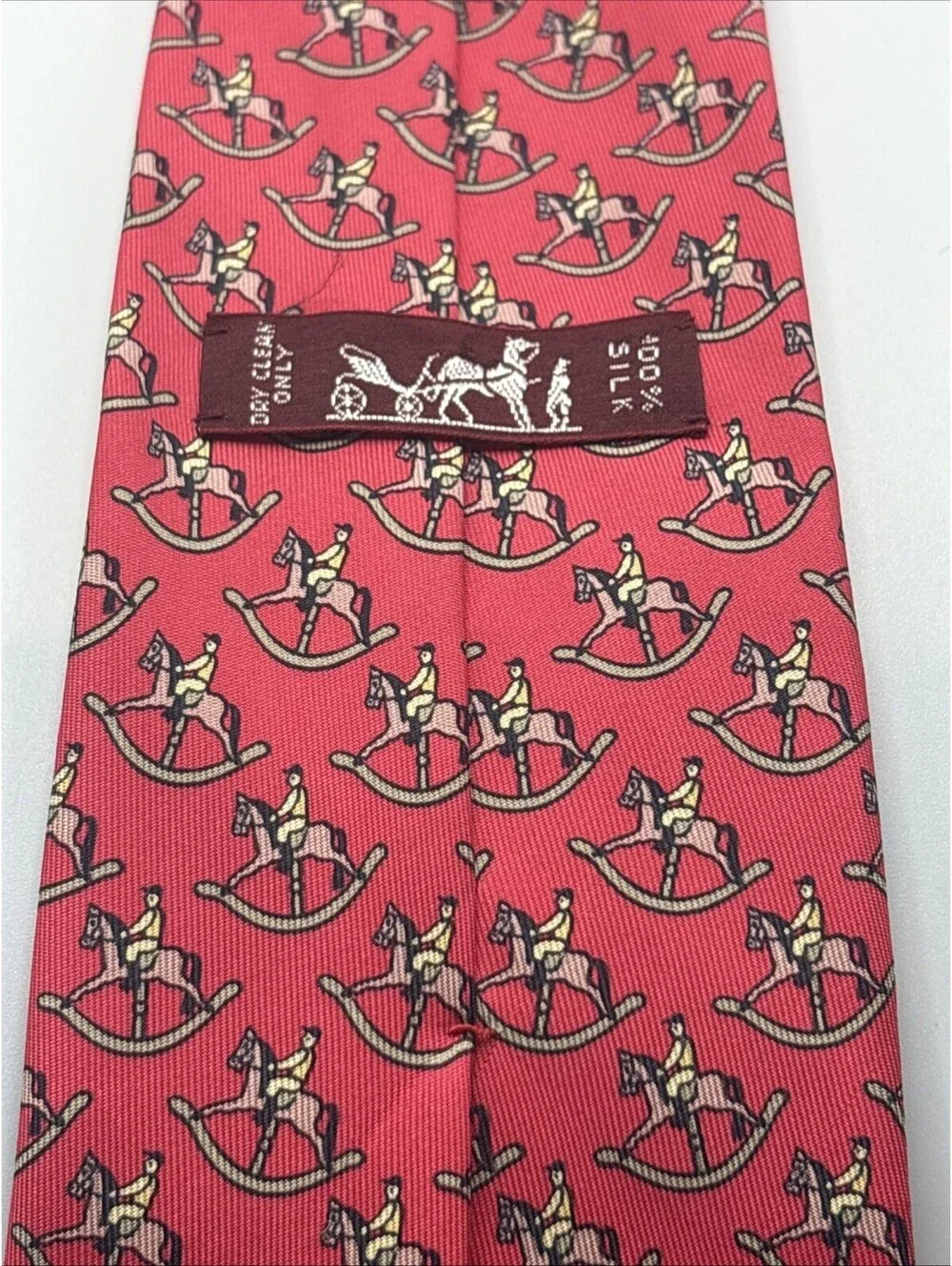 Hermes Red Tie Rocking Horse Scarf Print Made In France Authentic Vintage 7373